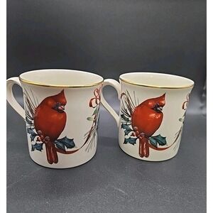 2 Lenox Winter Greetings Cardinal Coffee Mug Cup by Catherine McClung Gold Rim